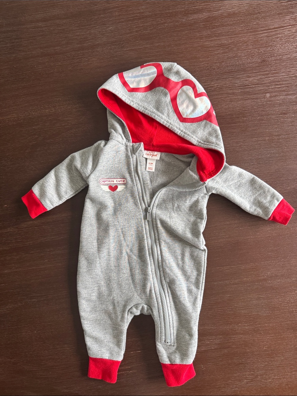 Cat & Jack Gray and Red Heart Hooded One-Piece